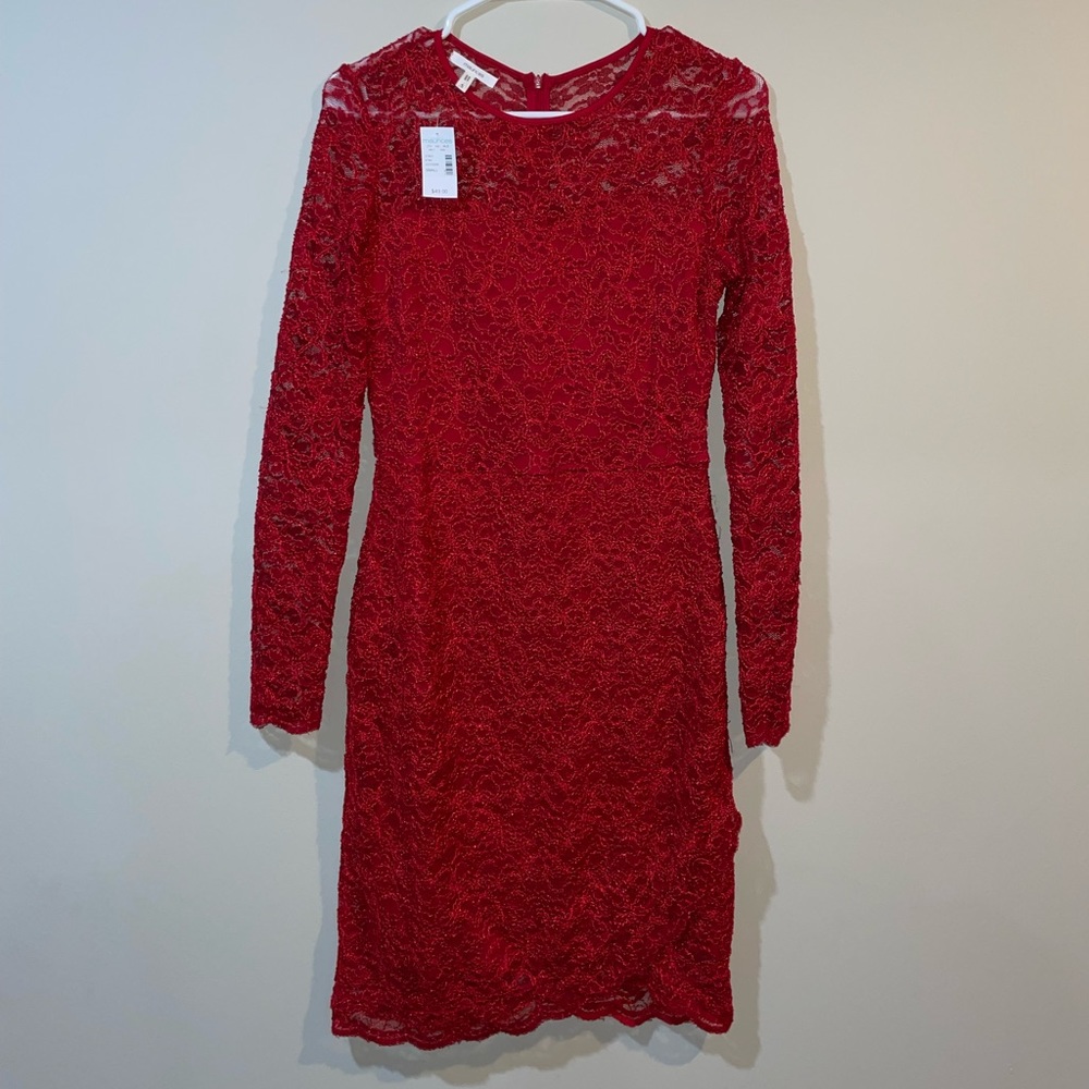NEW Red Lace Knee Length Dress. Size: Small.